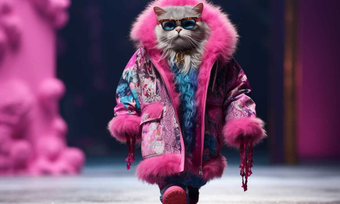 A cat is walking down the runway wearing a fur coat and sunglasses.