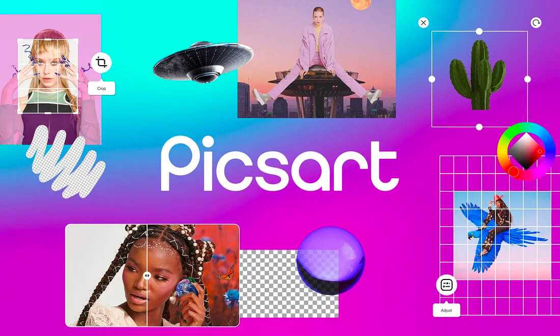 The Picsart logo centered, with various graphic design user interface elements and photos scattered around it.