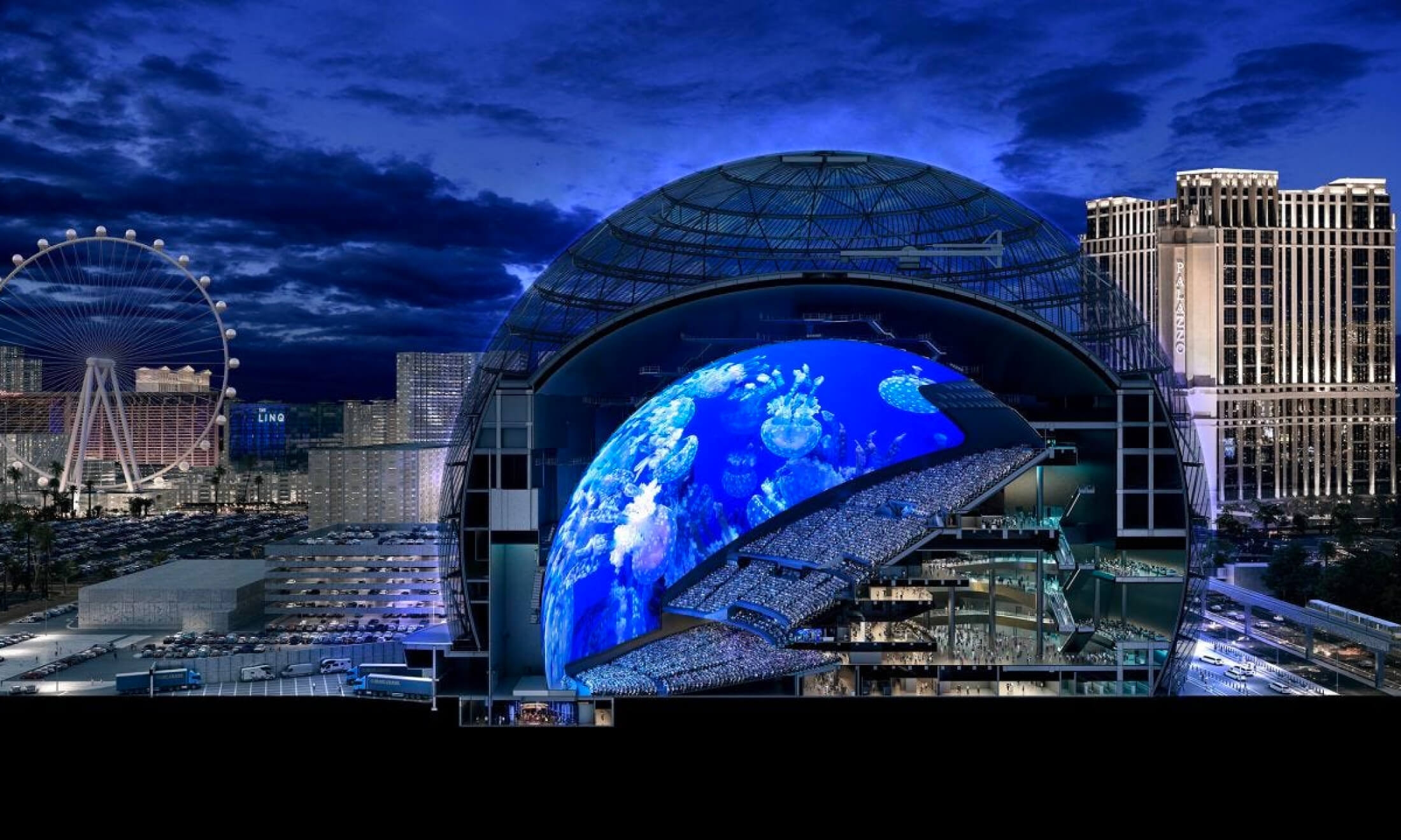 A cross-section artists’ rendering of Sphere, showing the bowl and atrium inside the structure.