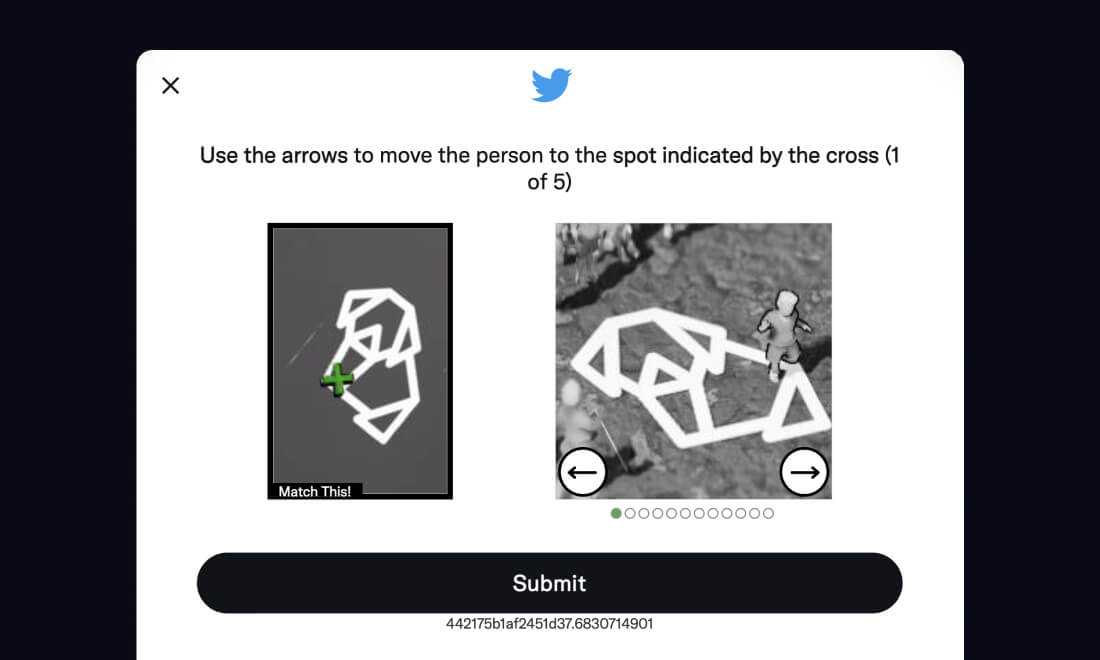 Screenshot of the Twitter onboarding experience, showing a puzzle to solve by moving a shape around to match an example image.
